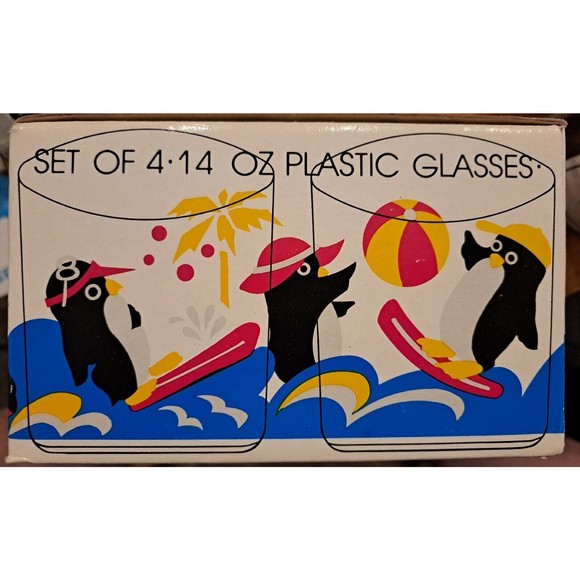 Vintage NIB 4 FUN  Penguin Beach Party POOL Home Style 14 OZ Acrylic Glass Cups - Picture 11 of 14